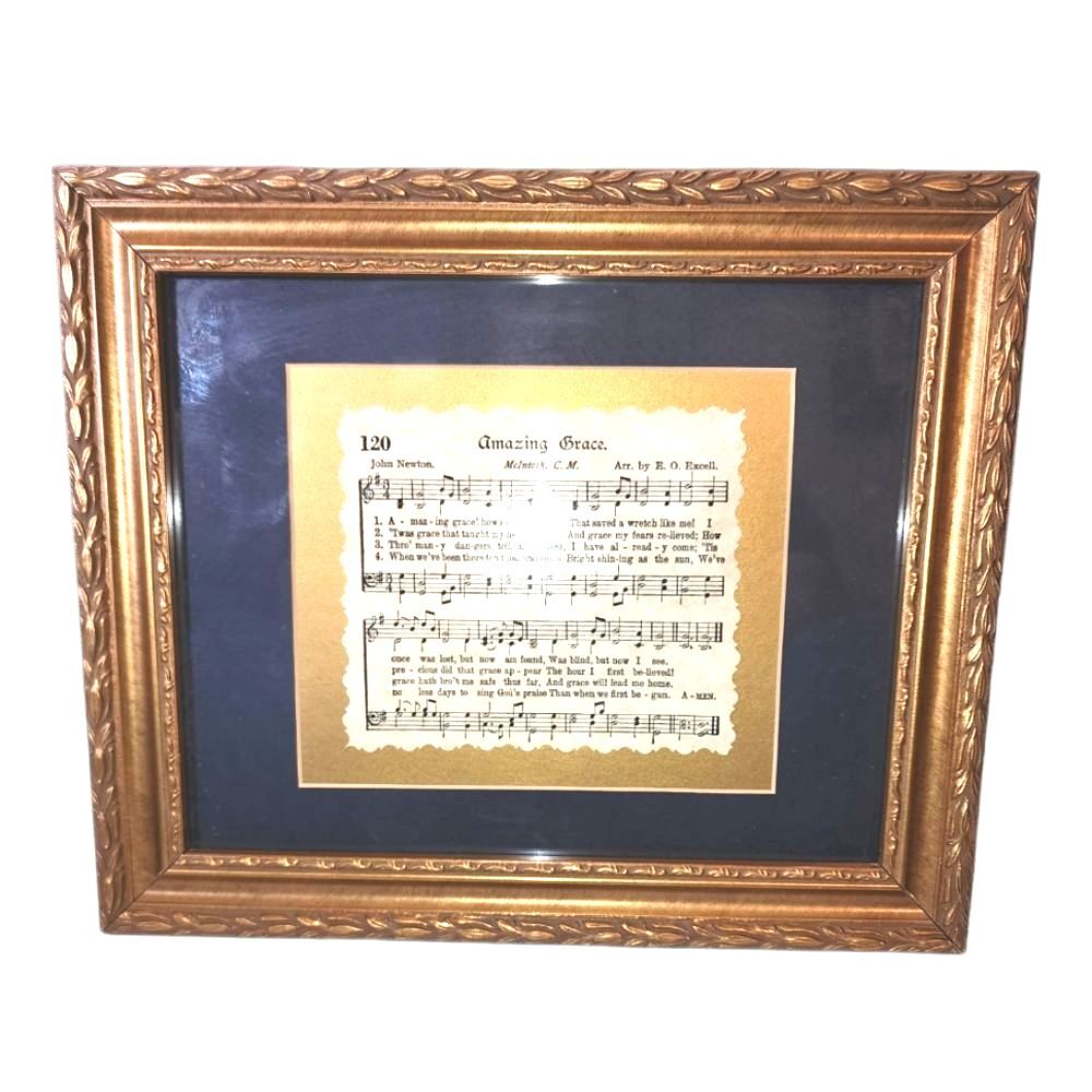 "Amazing Grace" ‎ Blue & Gold Matted Gold Framed Hymn With Music Box 12.5"X10.5"